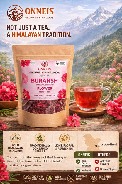Premium Dried Buransh (Rhododendron) Flowers from Uttarakhand Himalayas| Onneis (50gm)